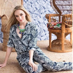 Trina Turk Size 2 Geometric Long Sleeve Woodblock  White Navy Casual Jumpsuit